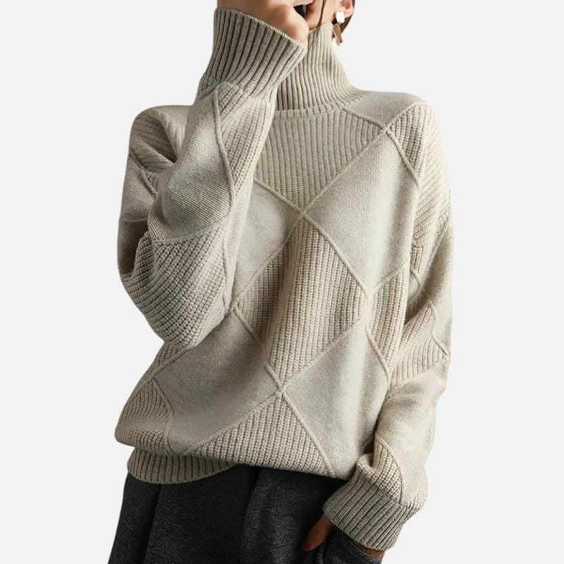 Sweter damski oversize z golfem i geometrycznym wzorem - Szary