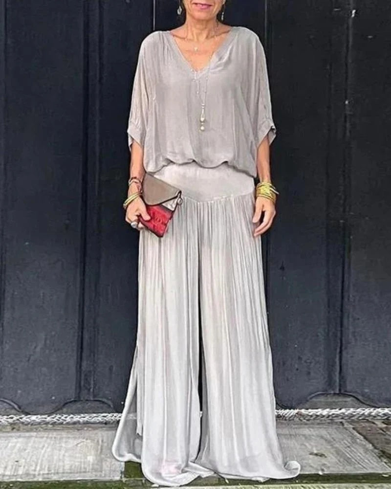 Komplet damski elegancki z bluzką oversize i spodniami z szerokimi nogawkami - Szary