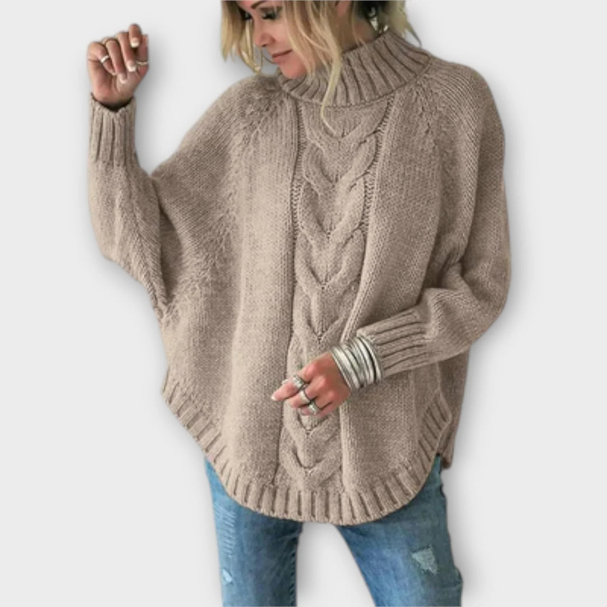 Sweter damski oversize z golfem i warkoczowym splotem - Khaki