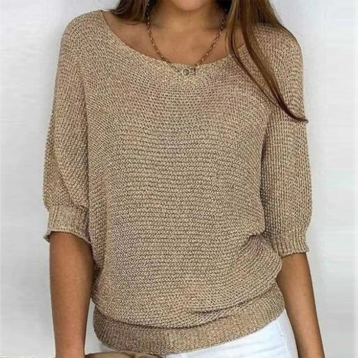 Sweter damski luźny z szerokim okrągłym dekoltem i rękawami trzy czwarte - Khaki