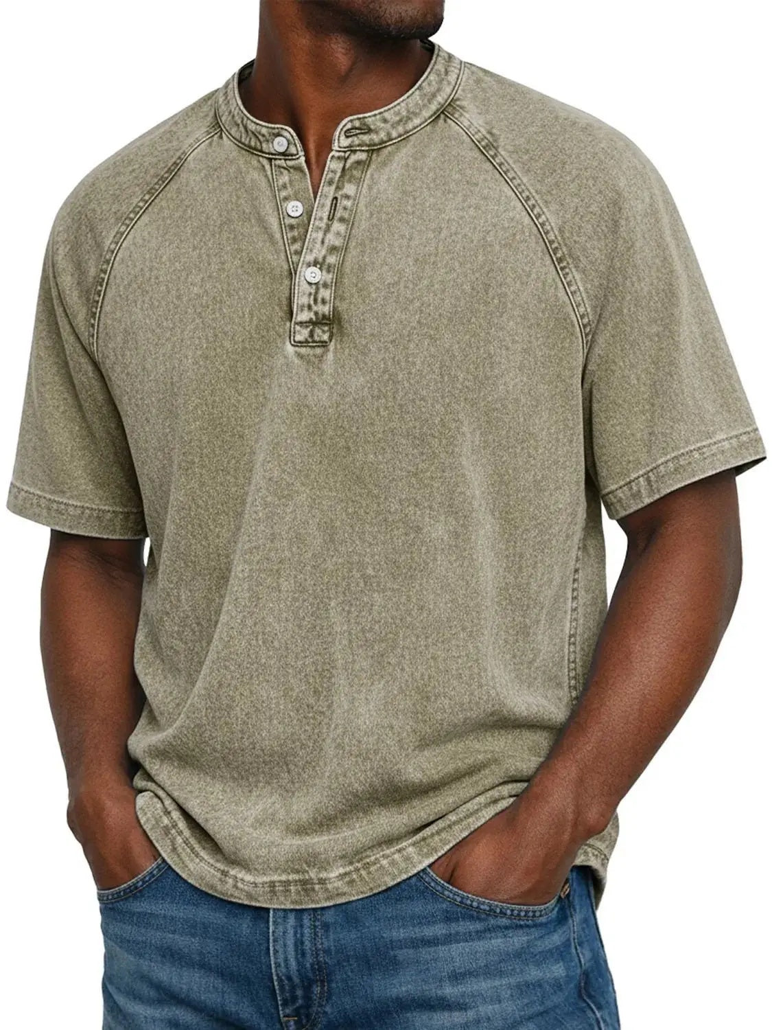 Koszulka męska z krótkim rękawem i kołnierzem henley na guziki - Khaki