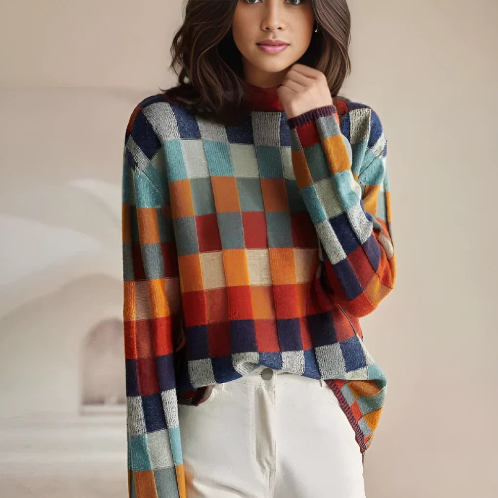 Sweter damski oversize w szachownicę z półgolfem i długimi rękawami