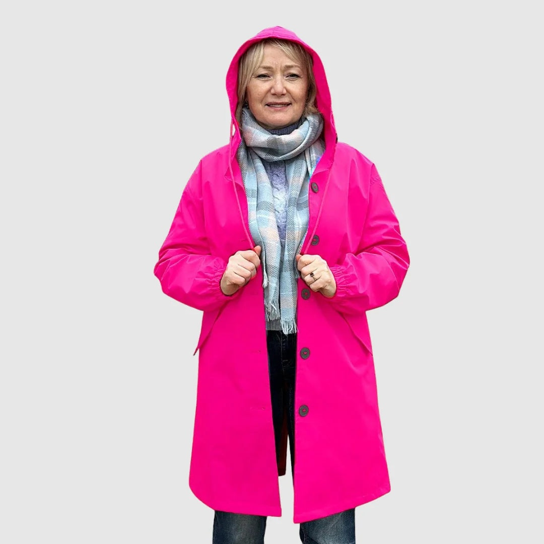 Płaszcz damski przejściowy o luźnym kroju z kapturem i długim rękawem - Różowy Barbara