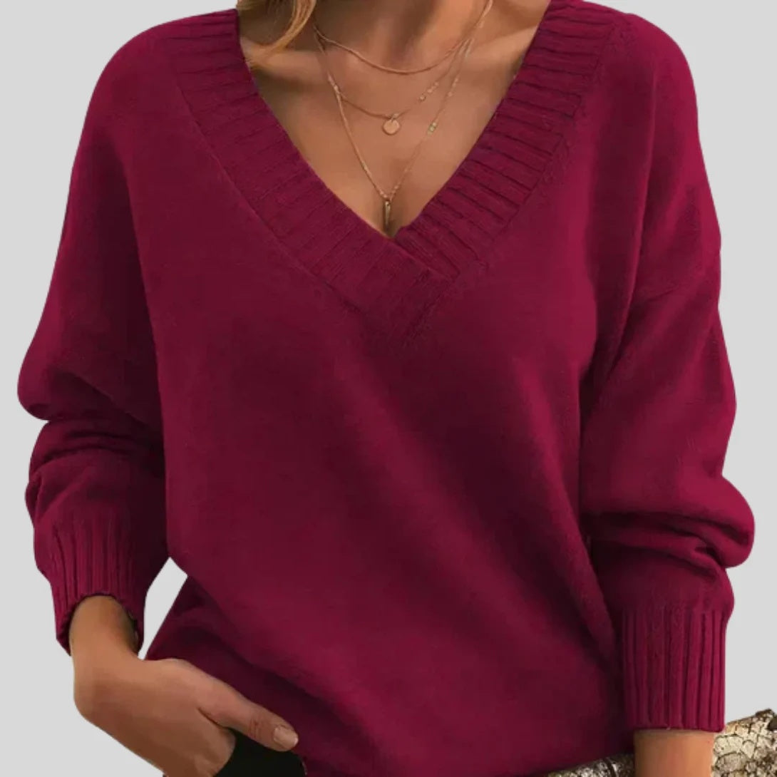 Sweter damski oversize z dekoltem w serek i długimi rękawami - Czerwony
