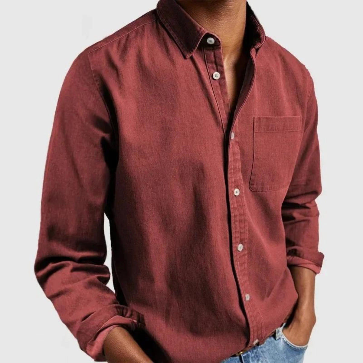 Koszula męska casualowa z długim rękawem i kieszenią na piersi - Czerwony