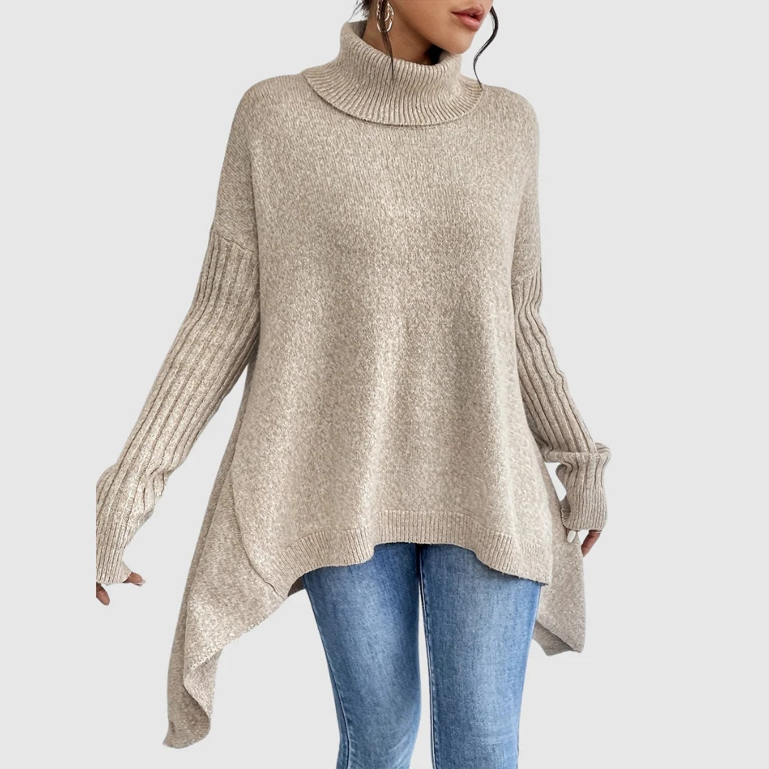 Sweter damski oversize z golfem i asymetrycznym dołem - Khaki