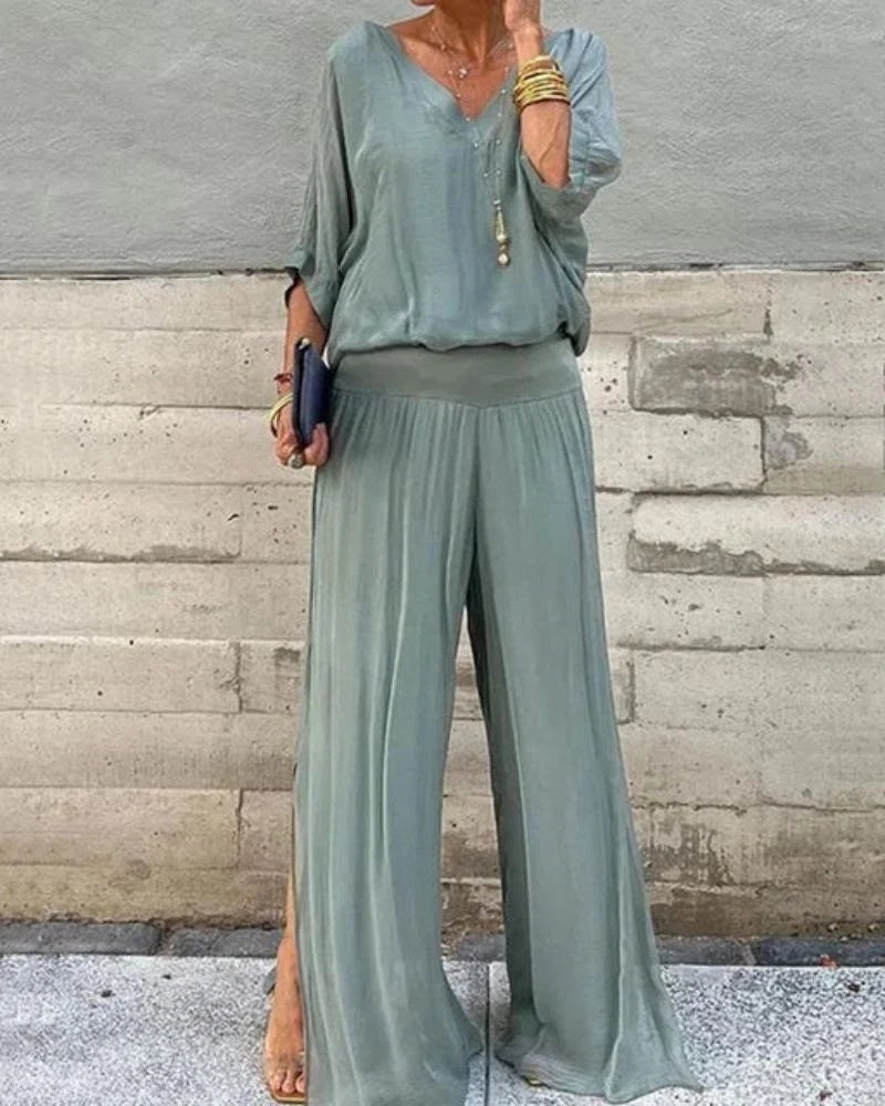Komplet damski elegancki z bluzką oversize i spodniami z szerokimi nogawkami - Miętowy
