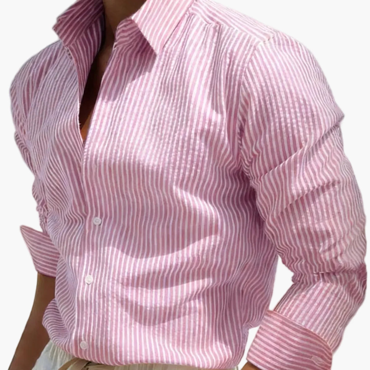 Koszula męska w pionowe paski z kołnierzykiem i długim rękawem - Różowy