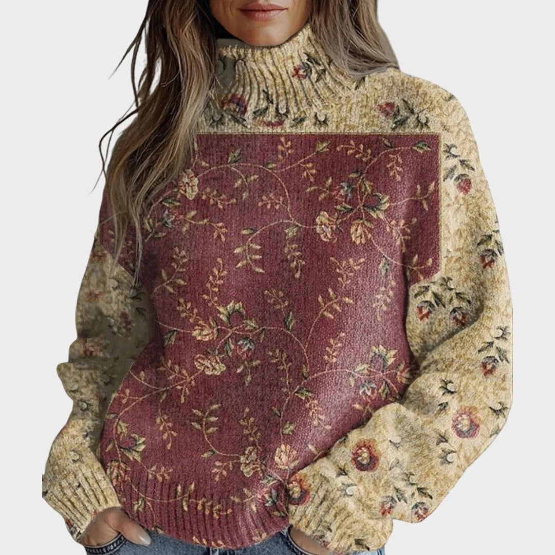 Sweter damski oversize z golfem i kwiatowym wzorem