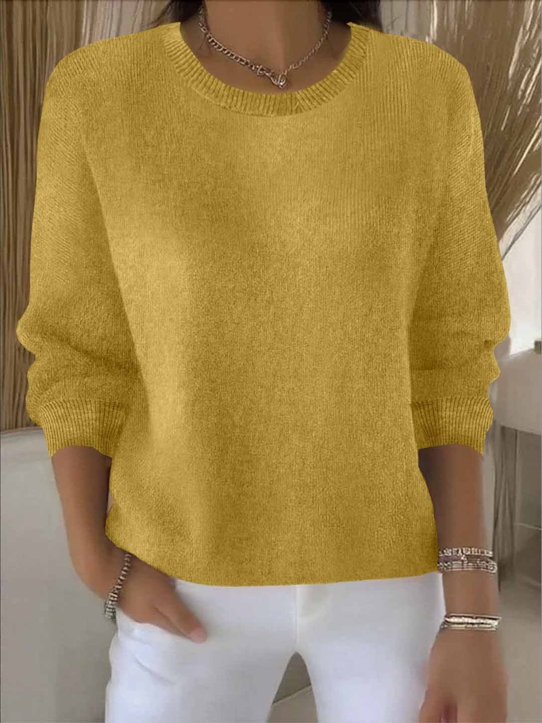 Sweter damski luźny z okrągłym dekoltem i długimi rękawami - Żółty