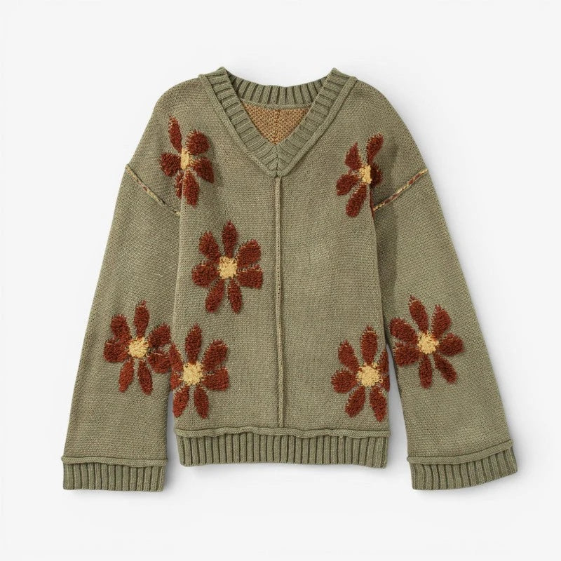 Sweter damski w kwiaty z dekoltem w serek i szerokimi rękawami