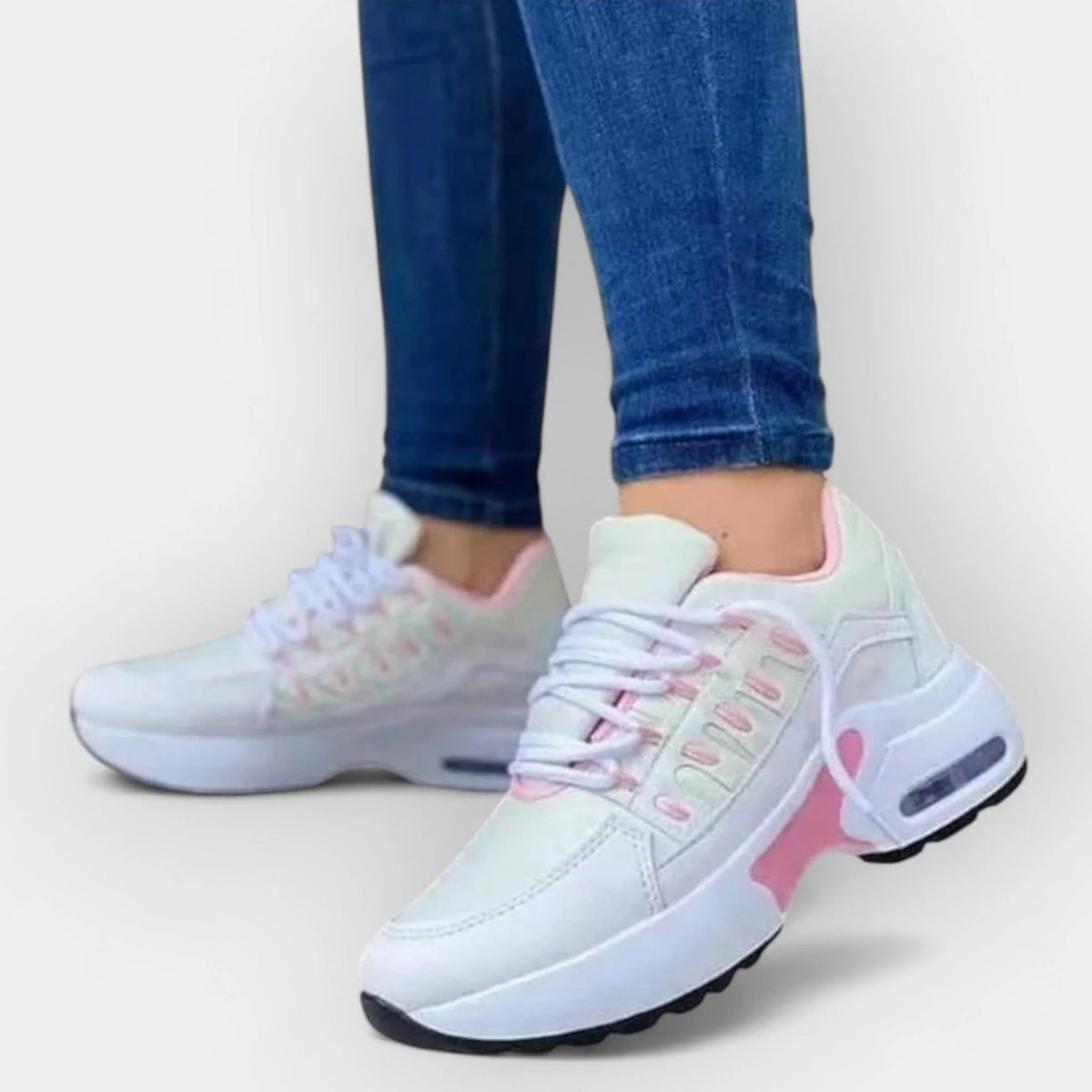 Sneakersy damskie sportowe na grubej podeszwie ze sznurowaniem - Biały Różowy