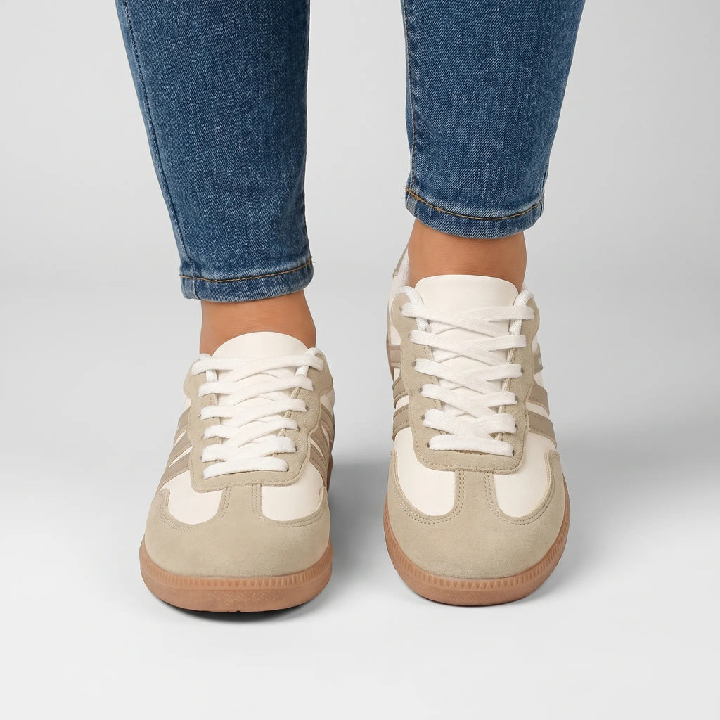 Sneakersy damskie retro niskie sznurowane z płaską podeszwą - Bezowy