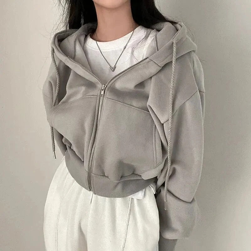 Bluza damska krótka oversize z kapturem i zamkiem - Szary