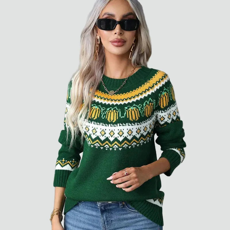 Sweter damski z okrągłym dekoltem i jesiennym wzorem w dynie - Zielony