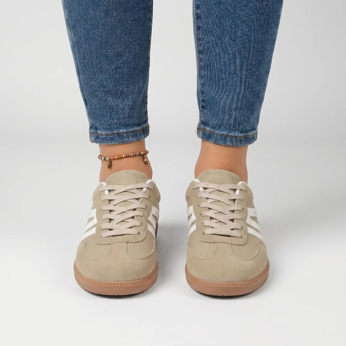 Sneakersy damskie retro niskie sznurowane z płaską podeszwą - Khaki
