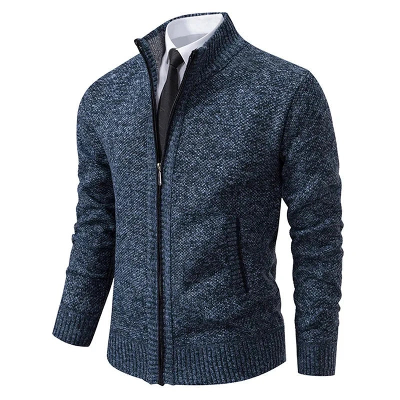 Sweter męski rozpinany ze stójką i prążkowanym wykończeniem - Niebieski