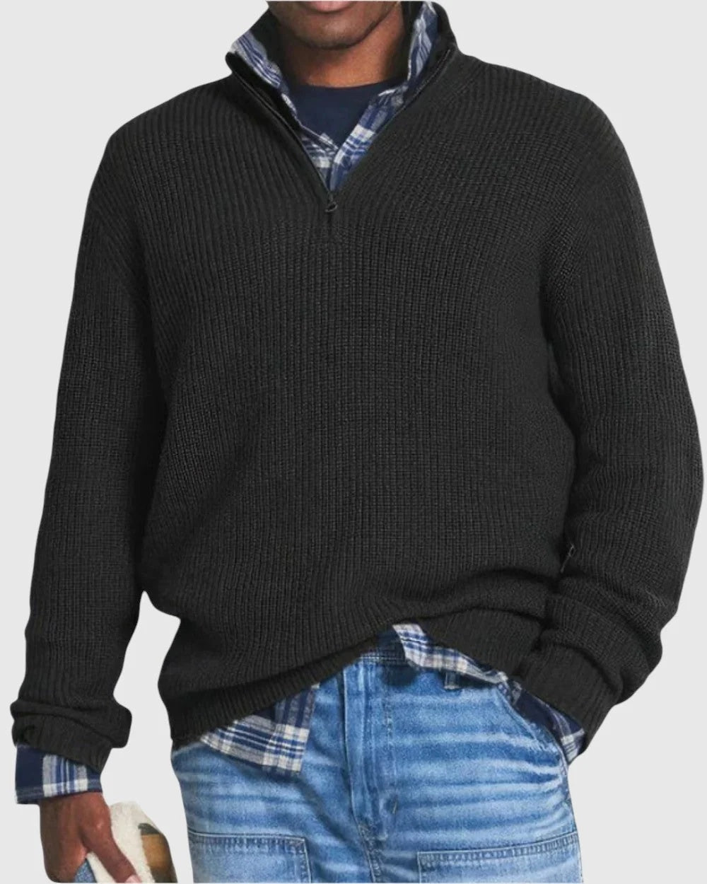 Sweter męski o luźnym kroju ze stójką i krótkim zamkiem - Czarny
