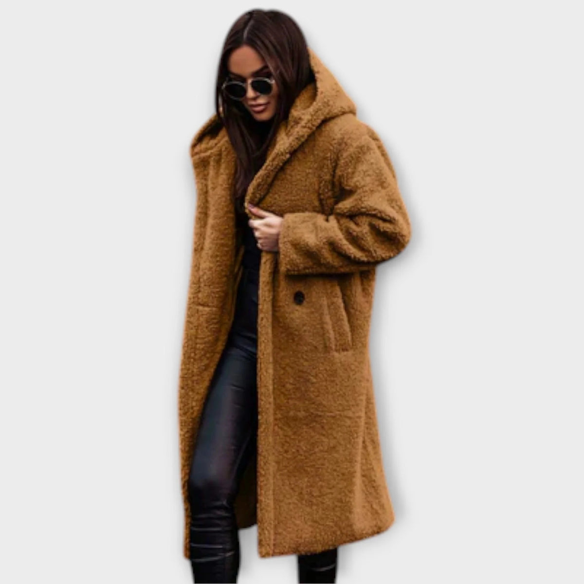 Płaszcz damski długi oversize z szerokim kołnierzem i kieszeniami - Khaki