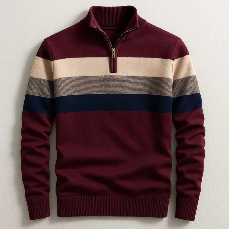 Sweter męski w pasy ze stójką i krótkim zamkiem - Bordowy