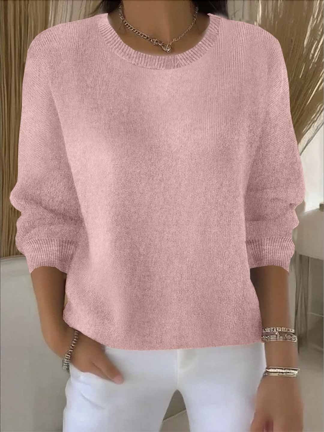 Sweter damski luźny z okrągłym dekoltem i długimi rękawami - Różowy