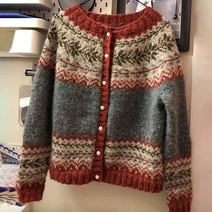 Kardigan damski retro w geometryczne wzory z okrągłym dekoltem i guzikami