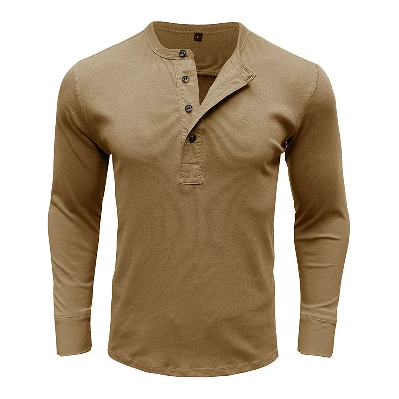 Koszulka męska z długim rękawem i dekoltem henley - Khaki