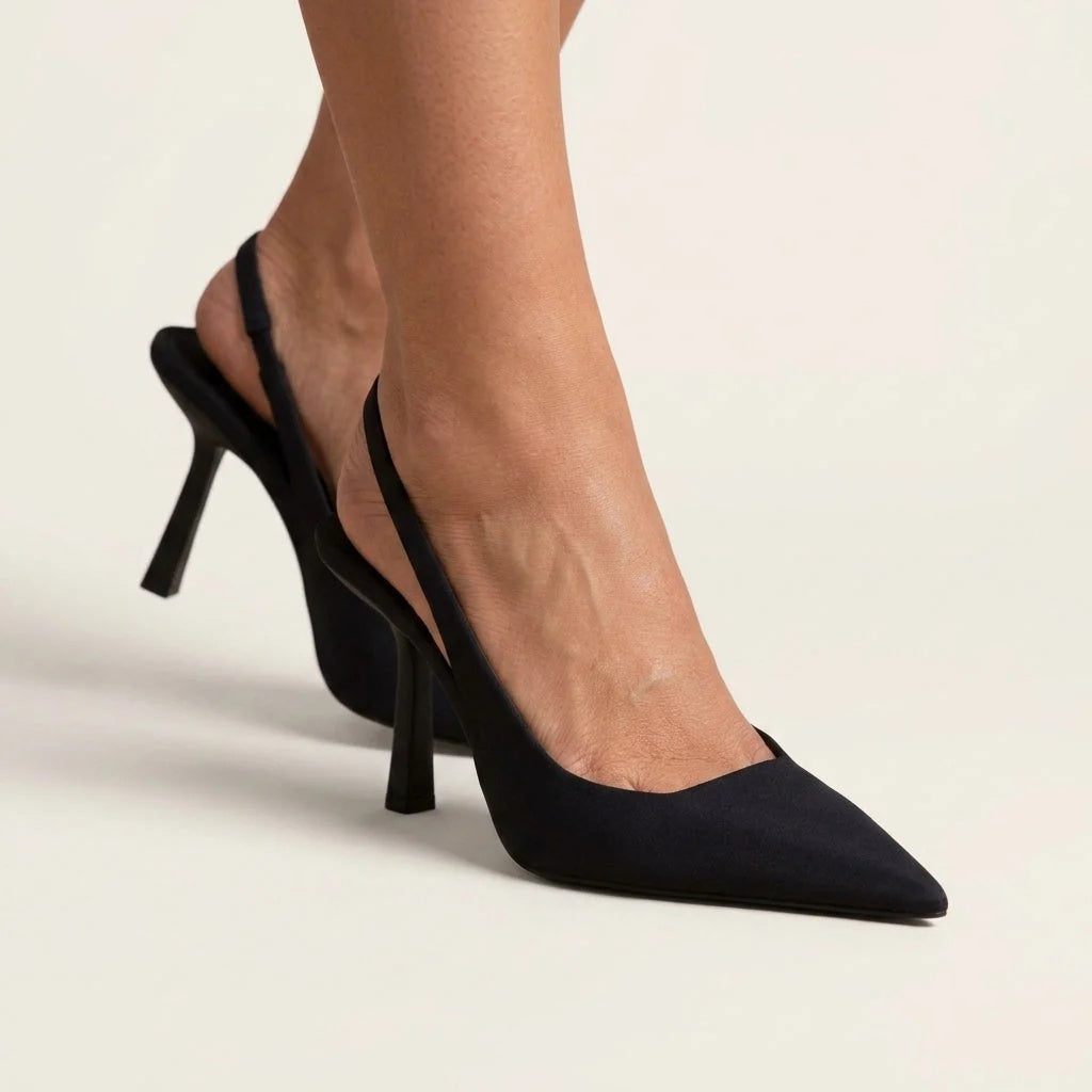 Czółenka damskie slingback na wysokim obcasie ze szpiczastym noskiem - Czarny
