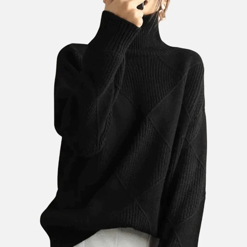 Sweter damski oversize z golfem i geometrycznym wzorem - Czarny