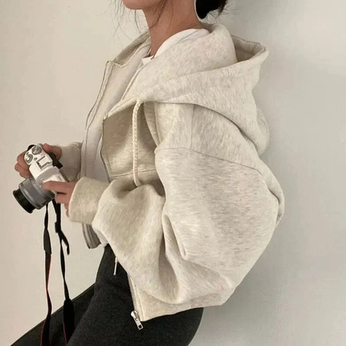 Bluza damska krótka oversize z kapturem i zamkiem - Beżowy