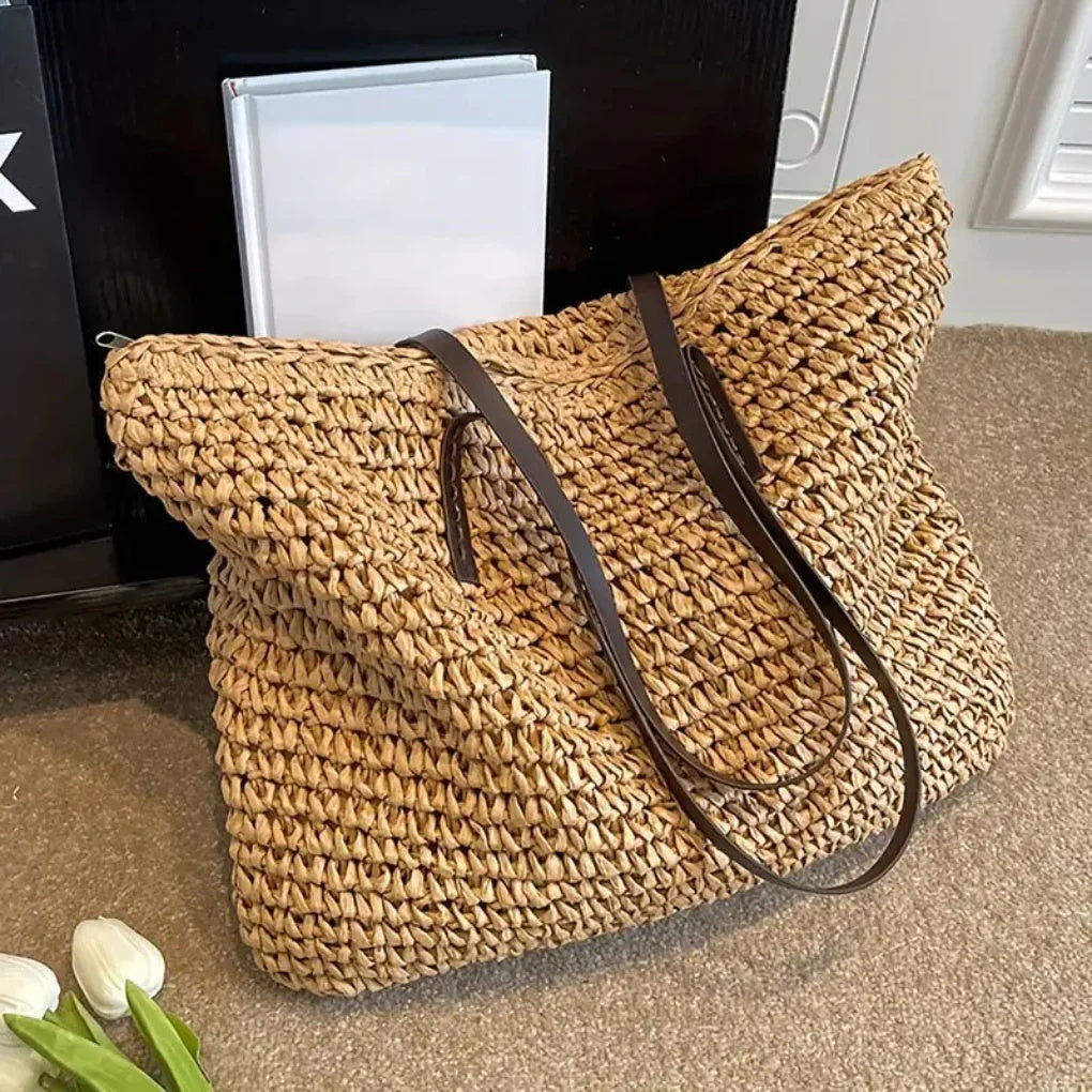 Torebka damska shopper duża pleciona z dwoma długimi uchwytami - Khaki