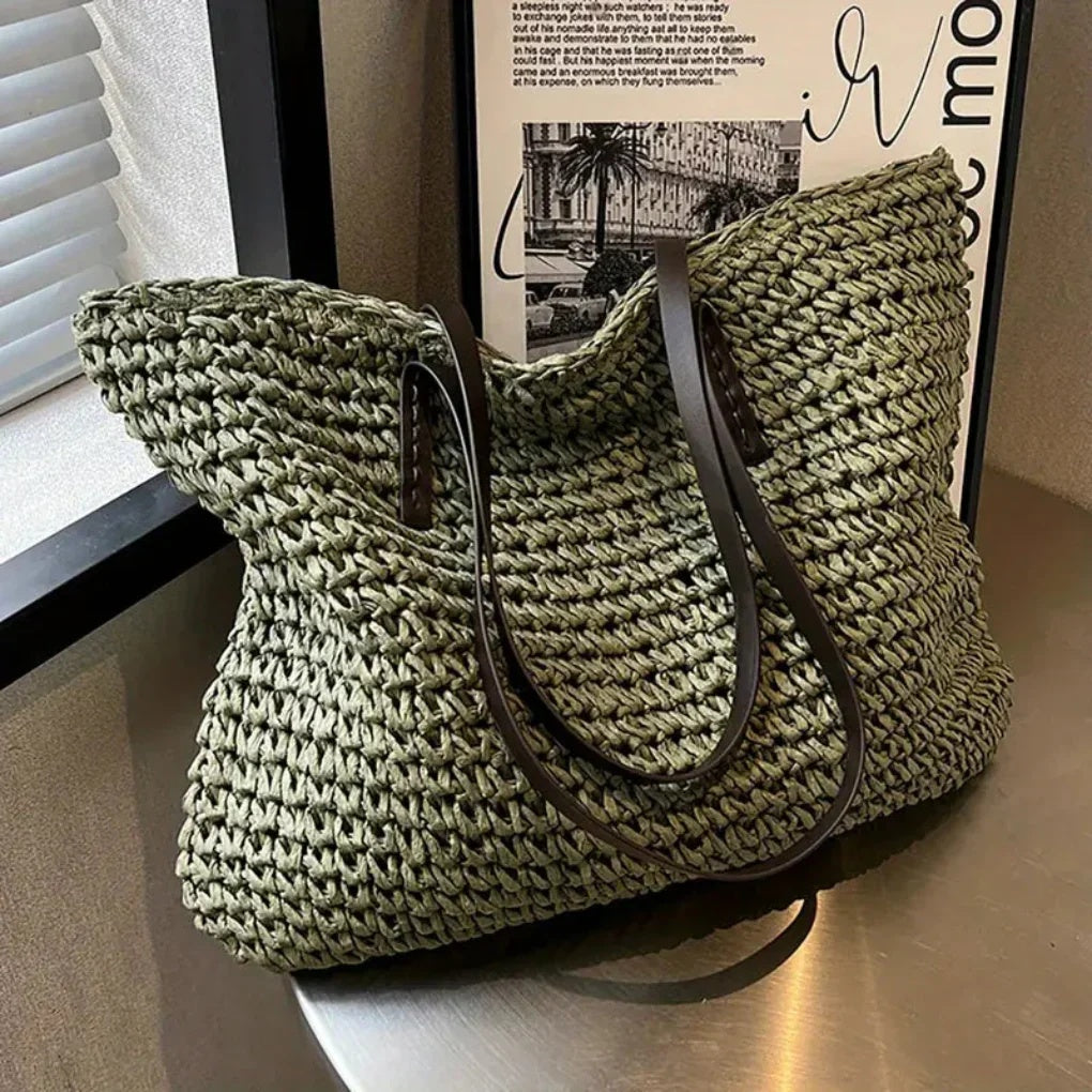 Torebka damska shopper duża pleciona z dwoma długimi uchwytami - Zielony