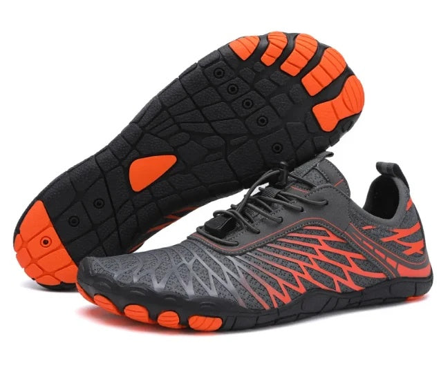 Buty outdoorowe damskie niskie ze ściągaczem i segmentowaną podeszwą - Szary Pomarańczowy