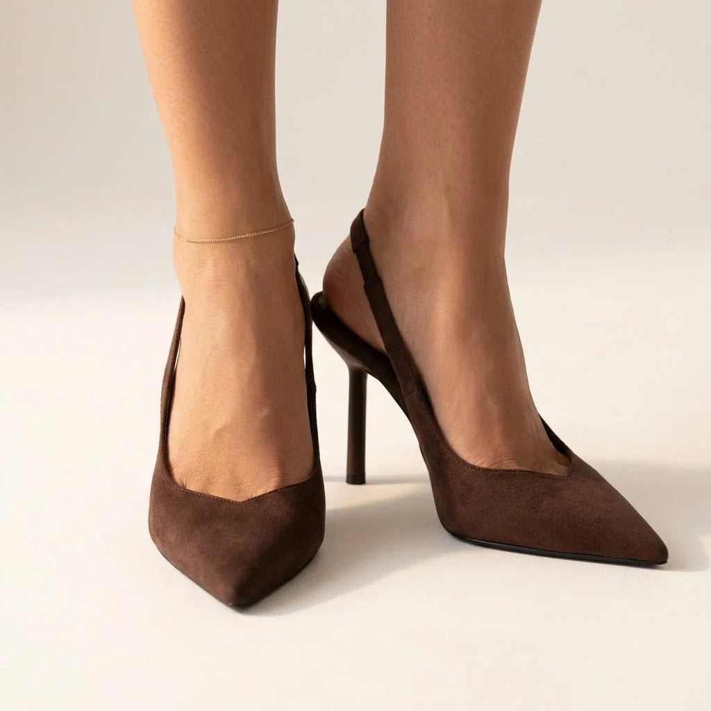 Czółenka damskie slingback na wysokim obcasie ze szpiczastym noskiem - Brązowy