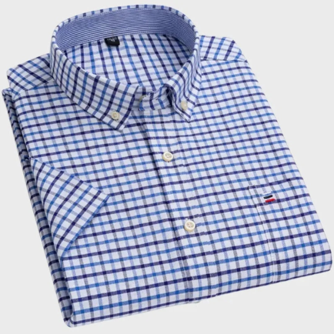Koszula męska w kratę z krótkim rękawem i kołnierzykiem button down - Ciemnoniebieski-Biały