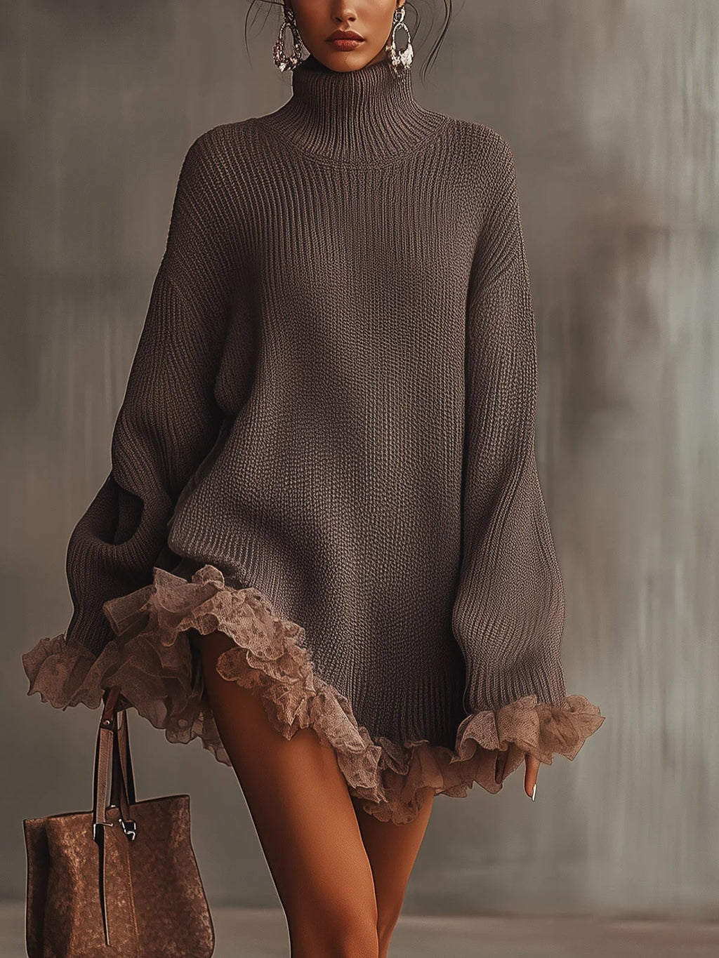 Sweter damski oversize z golfem i falbanami przy mankietach oraz dole