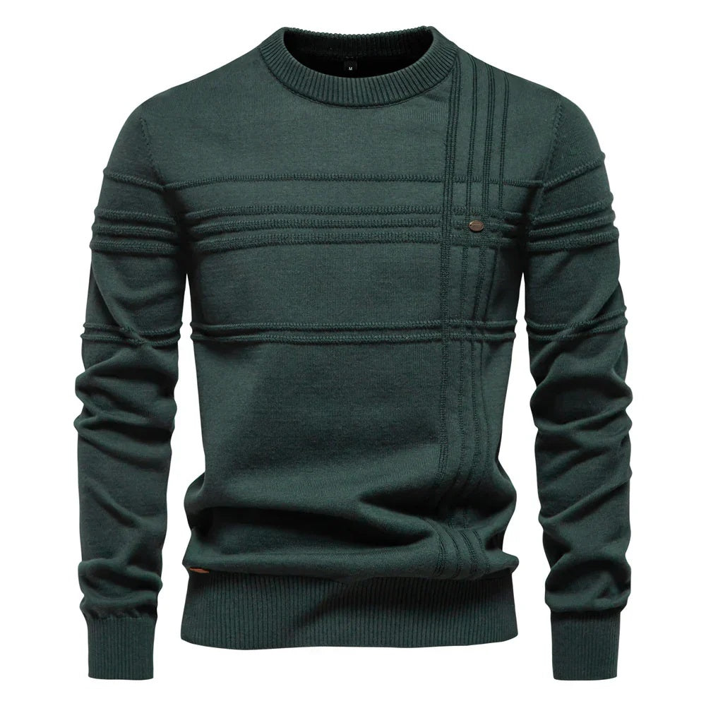 Sweter męski dopasowany z okrągłym dekoltem i geometrycznym wzorem - Zielony