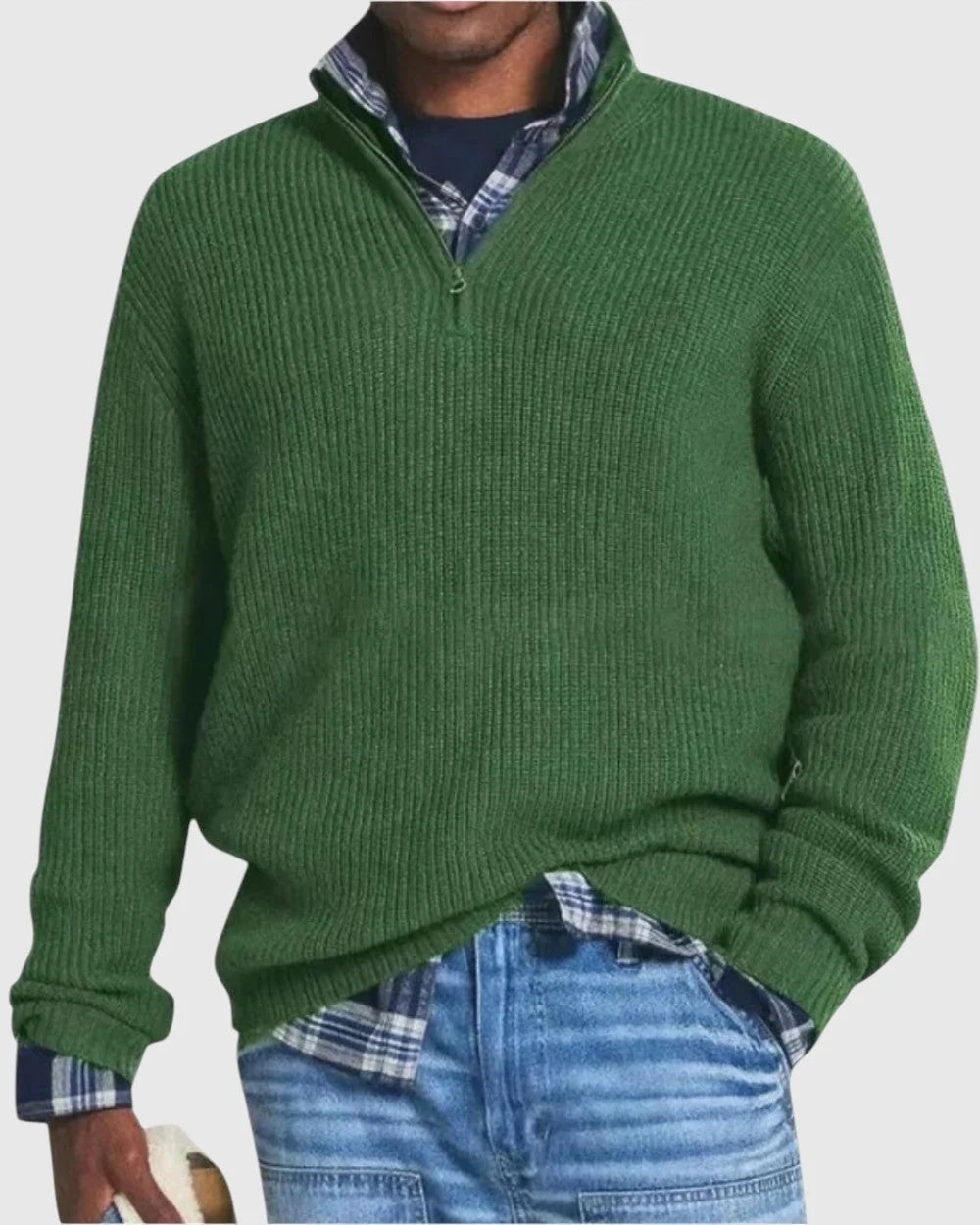 Sweter męski o luźnym kroju ze stójką i krótkim zamkiem - Zielony