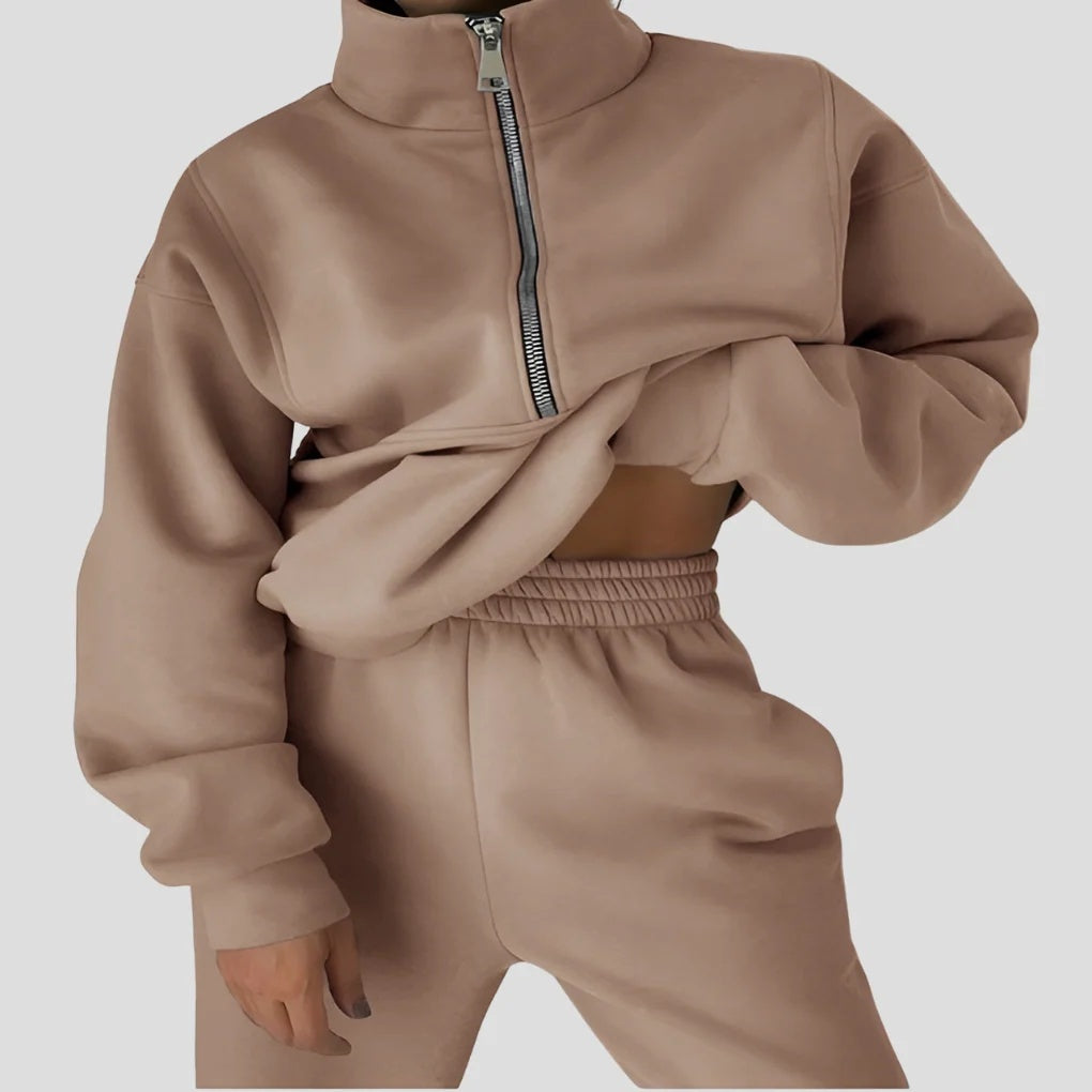 Dres damski dwuczęściowy o luźnym kroju z bluzą na zamek - Khaki