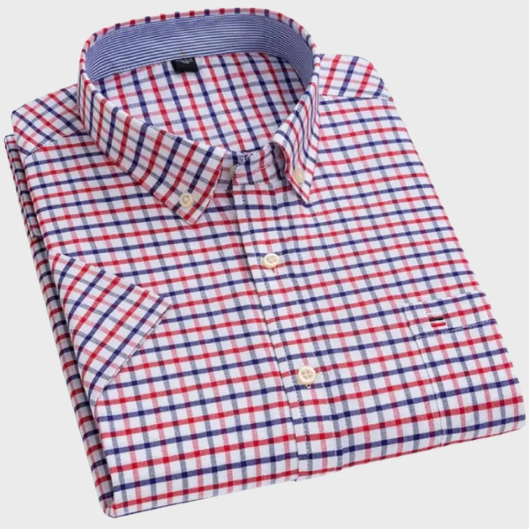 Koszula męska w kratę z krótkim rękawem i kołnierzykiem button down - Czerwony
