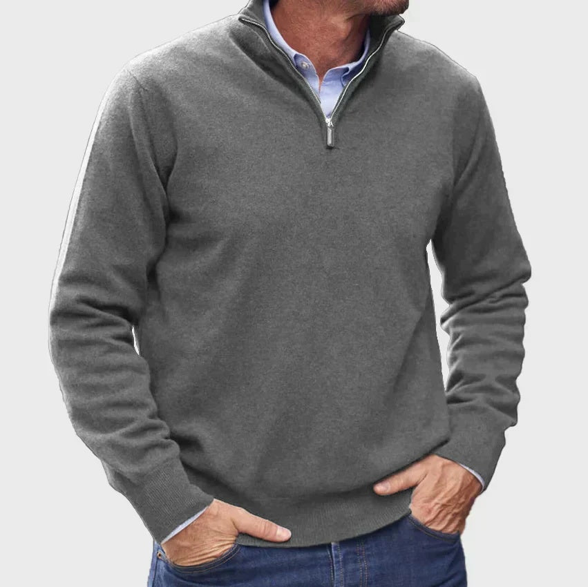Sweter męski ze stójką i krótkim zamkiem w klasycznym stylu - Szary