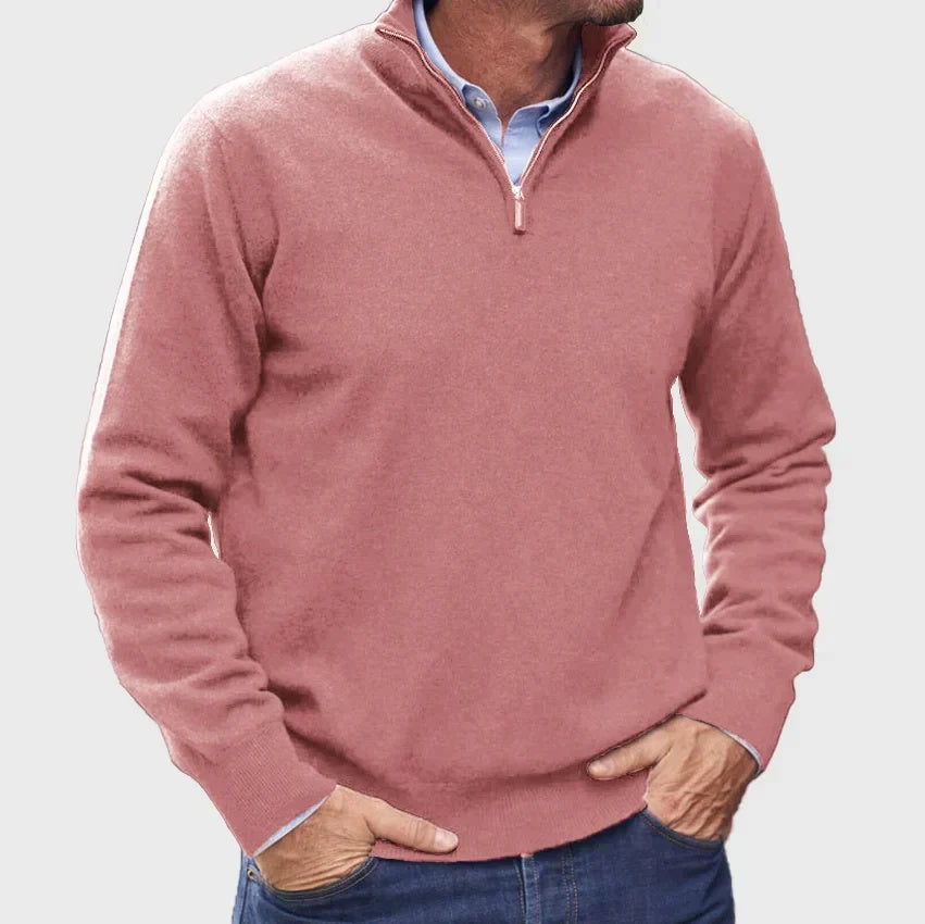 Sweter męski ze stójką i krótkim zamkiem w klasycznym stylu - Różowy