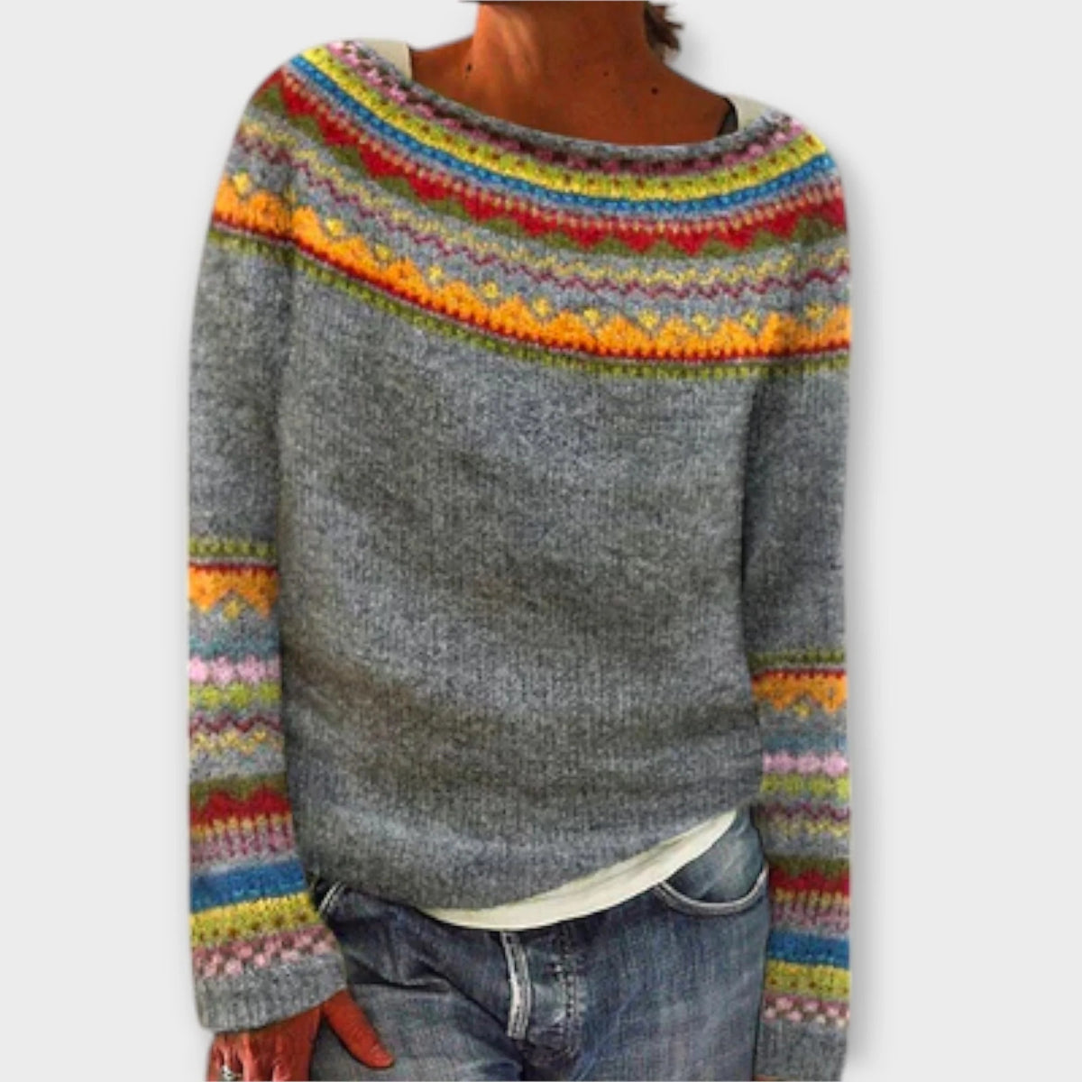 Sweter damski z geometrycznym wzorem i okrągłym dekoltem - Żółty