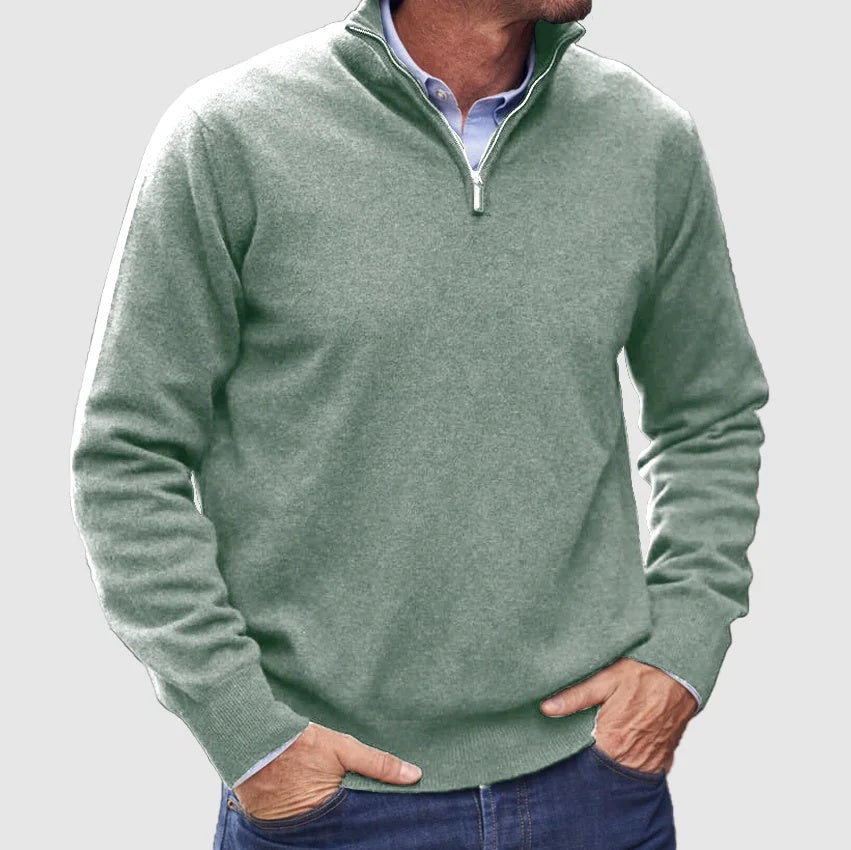 Sweter męski ze stójką i krótkim zamkiem w klasycznym stylu - Jasnozielony