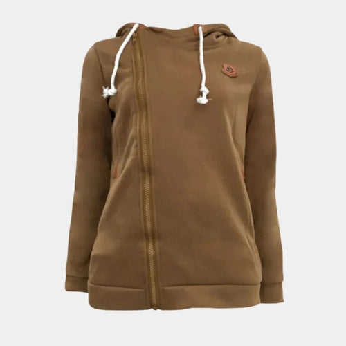 Bluza damska rozpinana z wysokim kapturem i ozdobnymi detalami - Khaki