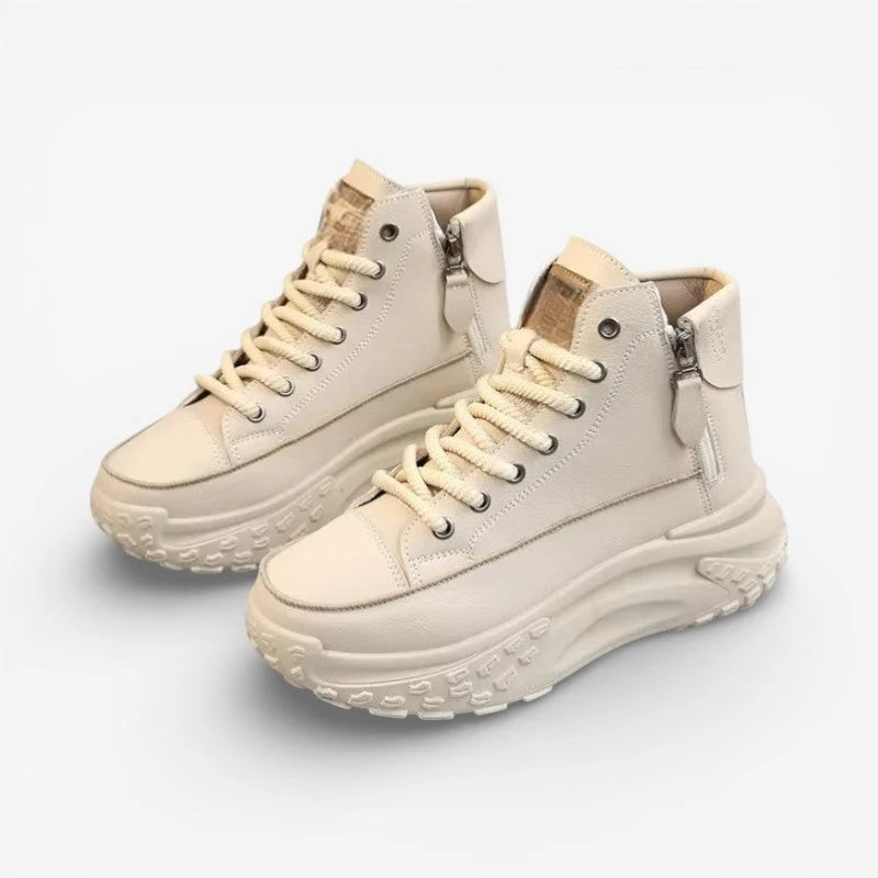 Sneakersy damskie wysokie na masywnej platformie ze sznurowaniem i zamkiem - Beżowy