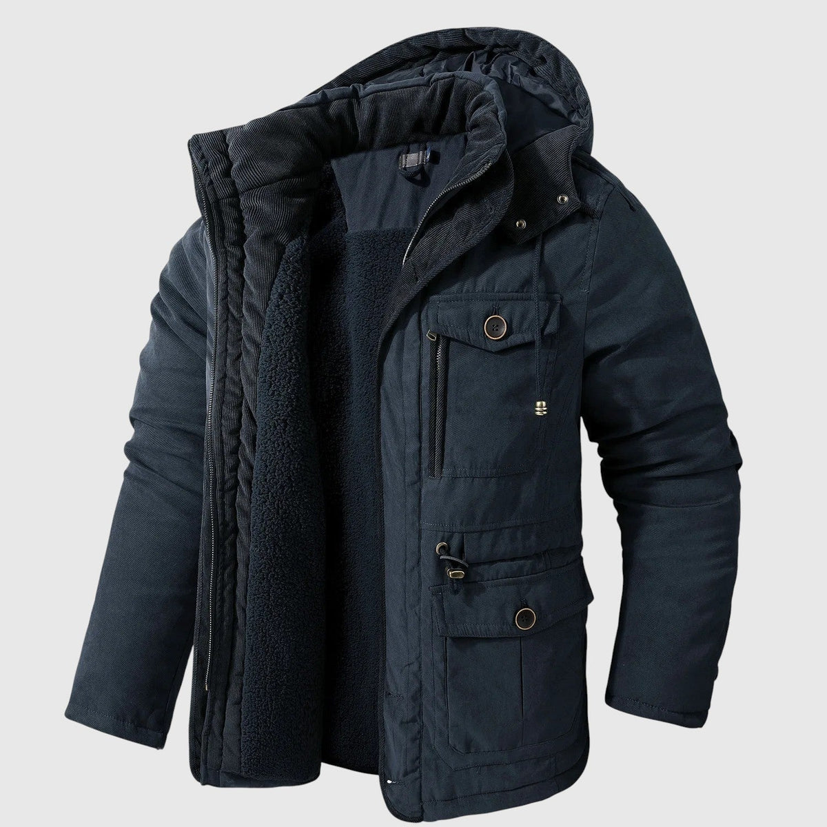 Kurtka męska zimowa z kapturem i wieloma kieszeniami w stylu outdoorowym - Niebieski