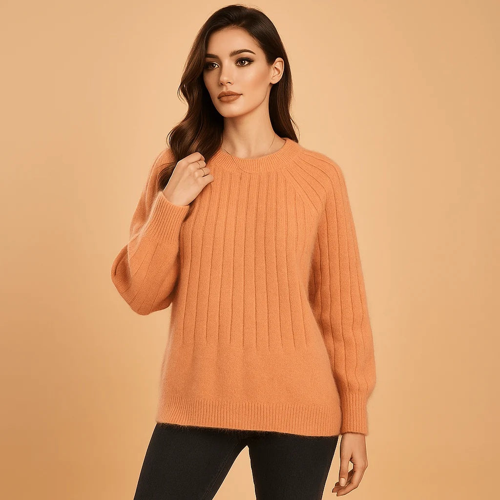 Sweter damski luźny prążkowany z okrągłym dekoltem i długimi rękawami - Pomarańczowy