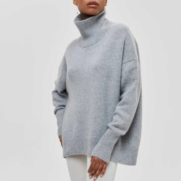 Sweter damski oversize z półgolfem i długimi rękawami - Szary