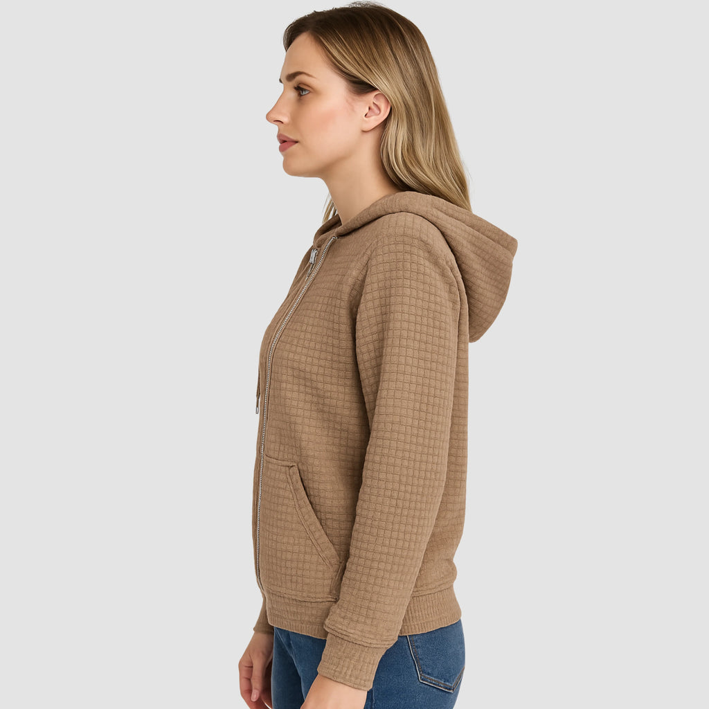 Bluza damska rozpinana z kapturem i fakturowanym wzorem - Khaki